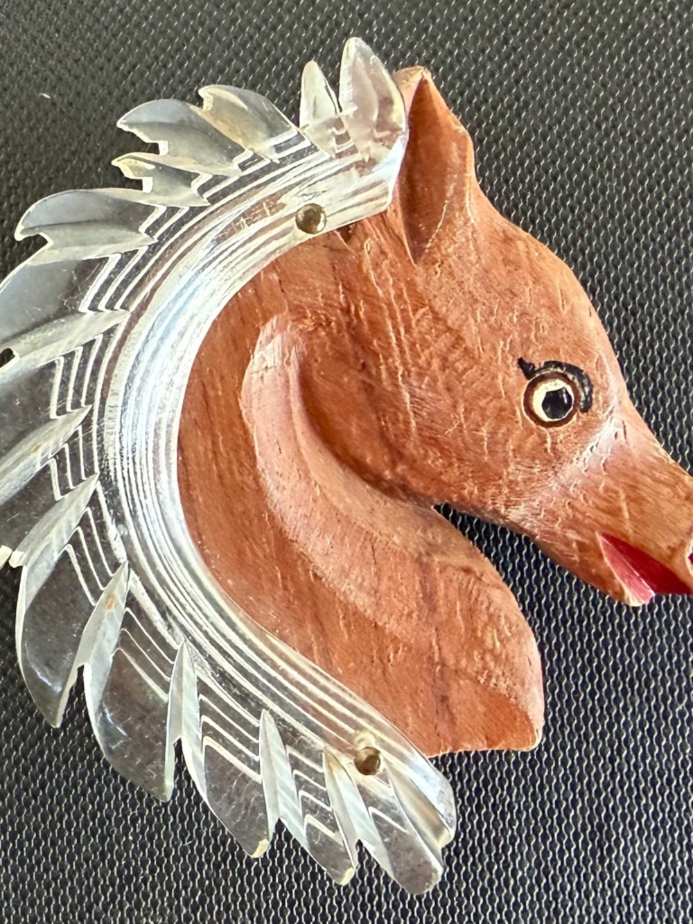 Vintage Hand Carved Wood Horse Head Brooch with a Lucite Mane